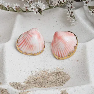 Rose pink fine ceramic porcelain hypoallergenic stud designer earrings for sensitive ears - authentic Mediterranean shell imprints with 22k gold plating