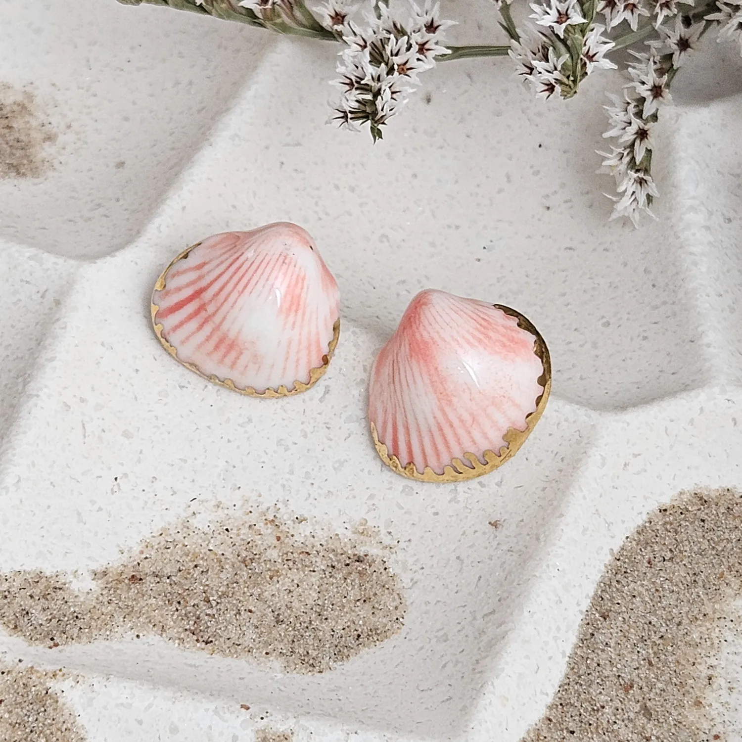 Rose pink fine ceramic porcelain hypoallergenic stud designer earrings for sensitive ears - authentic Mediterranean shell imprints with 22k gold plating - Image 2