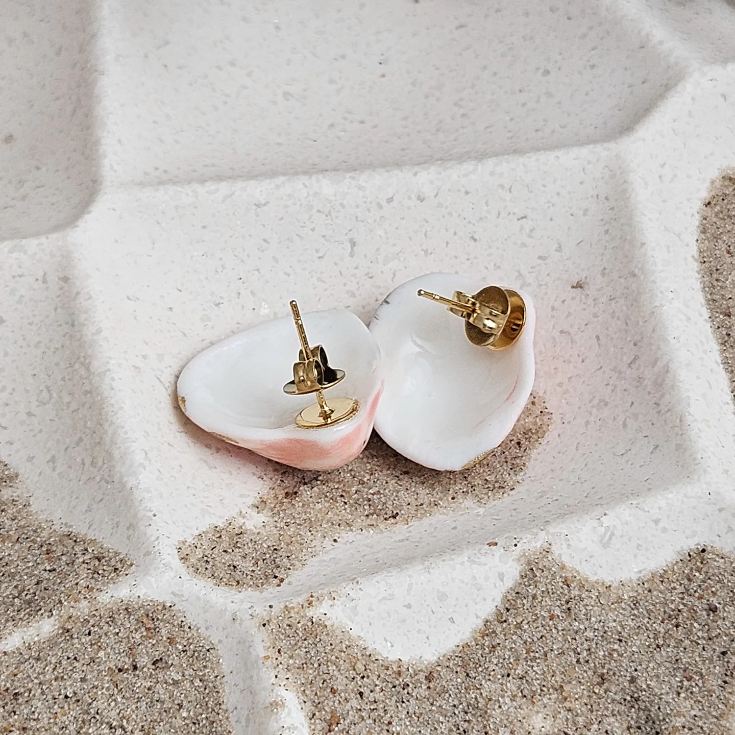 Rose pink fine ceramic porcelain hypoallergenic stud designer earrings for sensitive ears - authentic Mediterranean shell imprints with 22k gold plating - Image 3