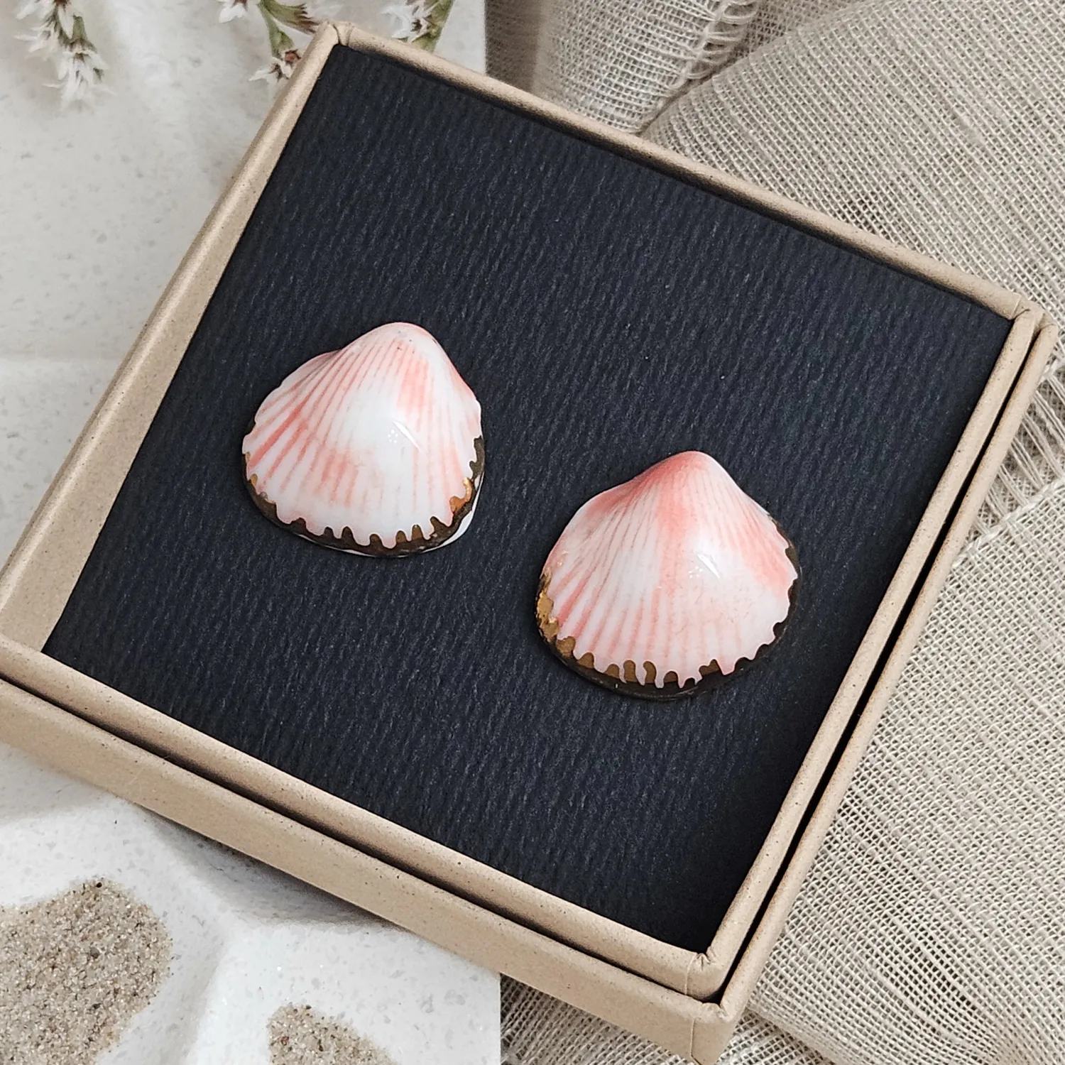 Rose pink fine ceramic porcelain hypoallergenic stud designer earrings for sensitive ears - authentic Mediterranean shell imprints with 22k gold plating - Image 4
