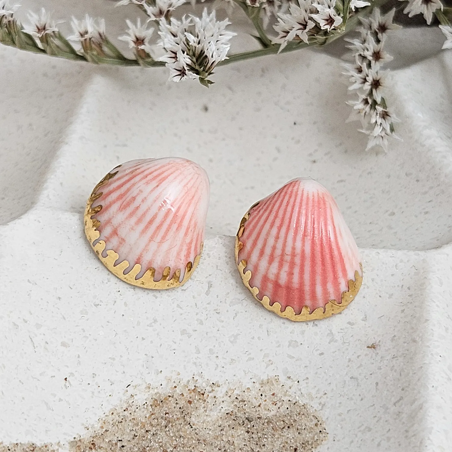 Rose pink fine ceramic porcelain hypoallergenic stud designer earrings for sensitive ears - authentic Mediterranean shell imprints with 22k gold plating