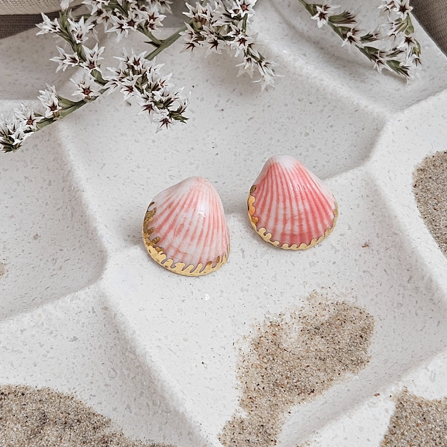 Rose pink fine ceramic porcelain hypoallergenic stud designer earrings for sensitive ears - authentic Mediterranean shell imprints with 22k gold plating - obrazek 2