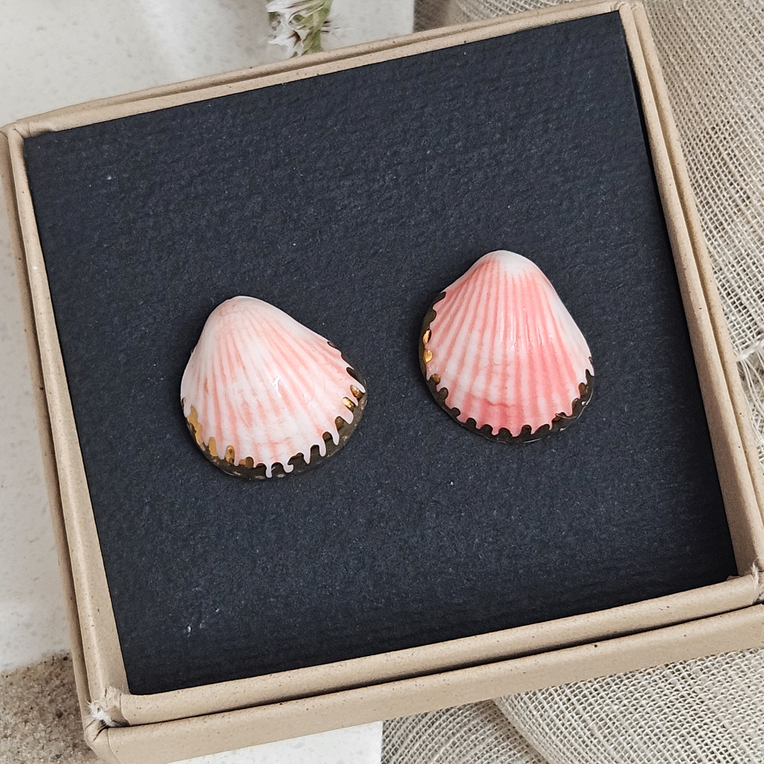 Rose pink fine ceramic porcelain hypoallergenic stud designer earrings for sensitive ears - authentic Mediterranean shell imprints with 22k gold plating - obrazek 4
