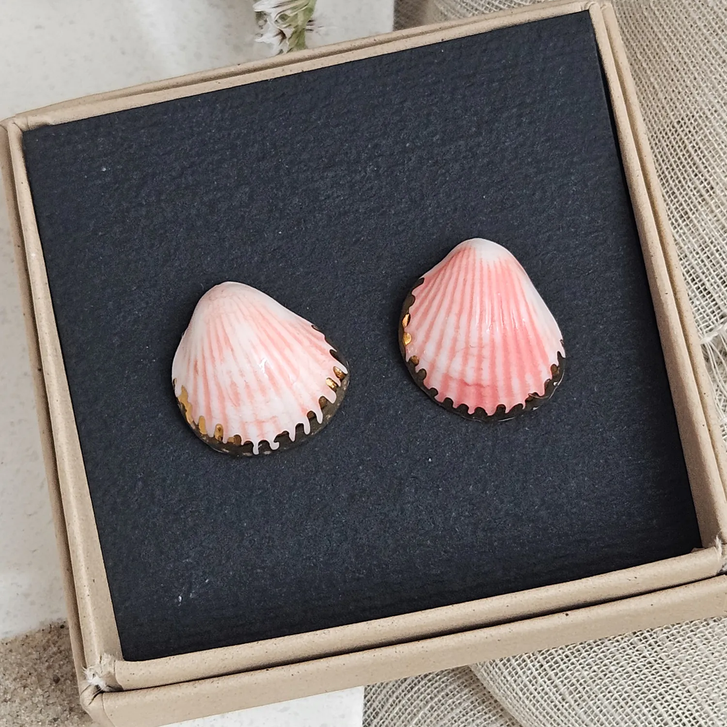 Rose pink fine ceramic porcelain hypoallergenic stud designer earrings for sensitive ears - authentic Mediterranean shell imprints with 22k gold plating - Image 4