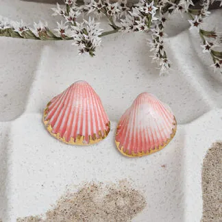 Rose pink fine ceramic porcelain hypoallergenic stud designer earrings for sensitive ears - authentic Mediterranean shell imprints with 22k gold plating