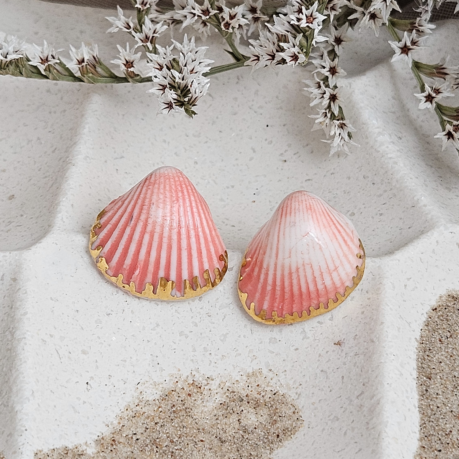 Rose pink fine ceramic porcelain hypoallergenic stud designer earrings for sensitive ears - authentic Mediterranean shell imprints with 22k gold plating