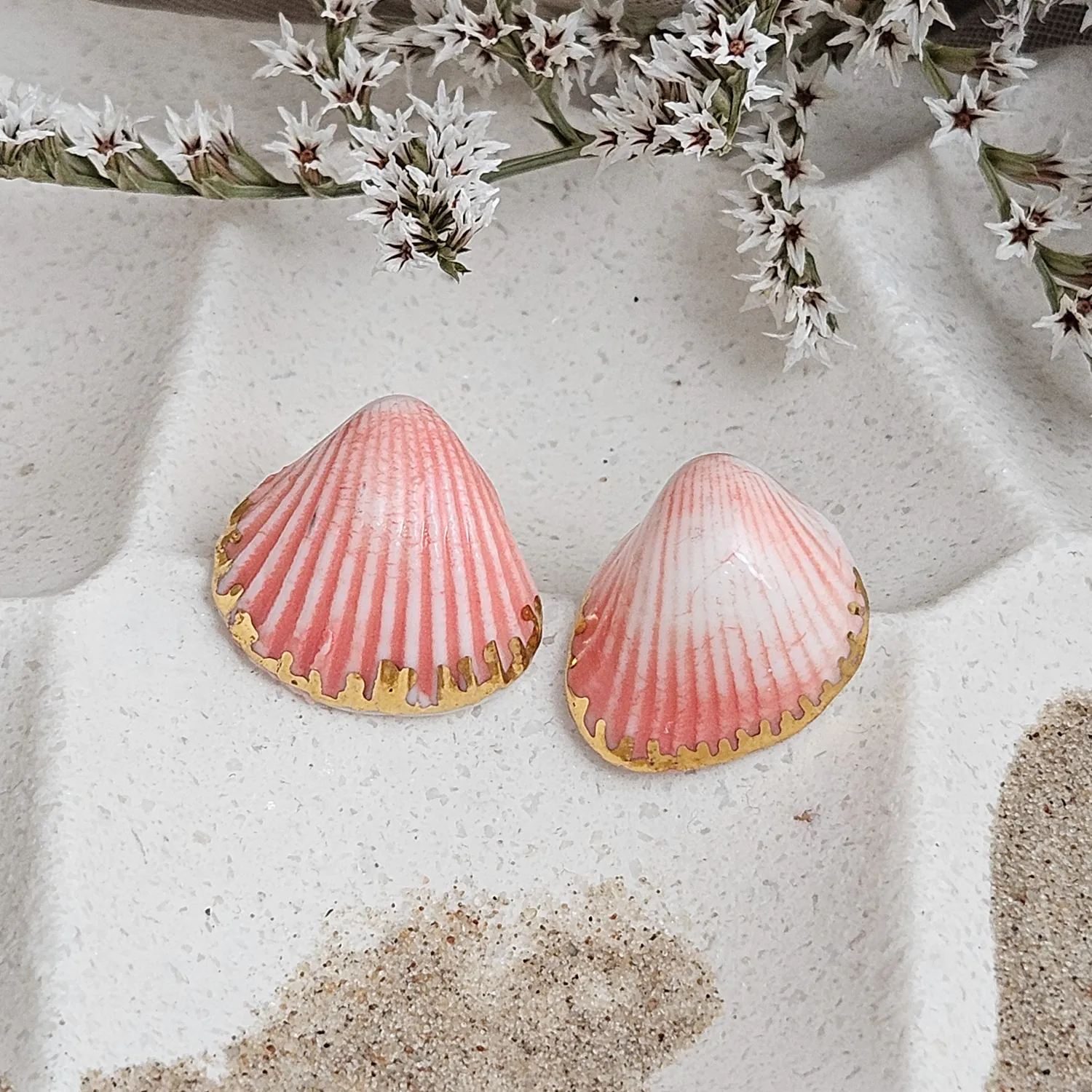 Rose pink fine ceramic porcelain hypoallergenic stud designer earrings for sensitive ears - authentic Mediterranean shell imprints with 22k gold plating