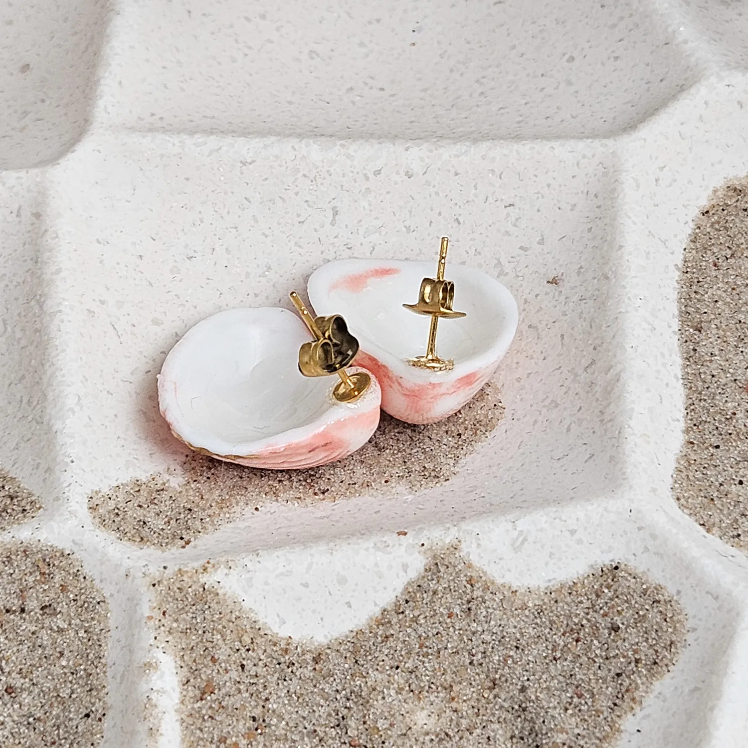 Rose pink fine ceramic porcelain hypoallergenic stud designer earrings for sensitive ears - authentic Mediterranean shell imprints with 22k gold plating - Image 3