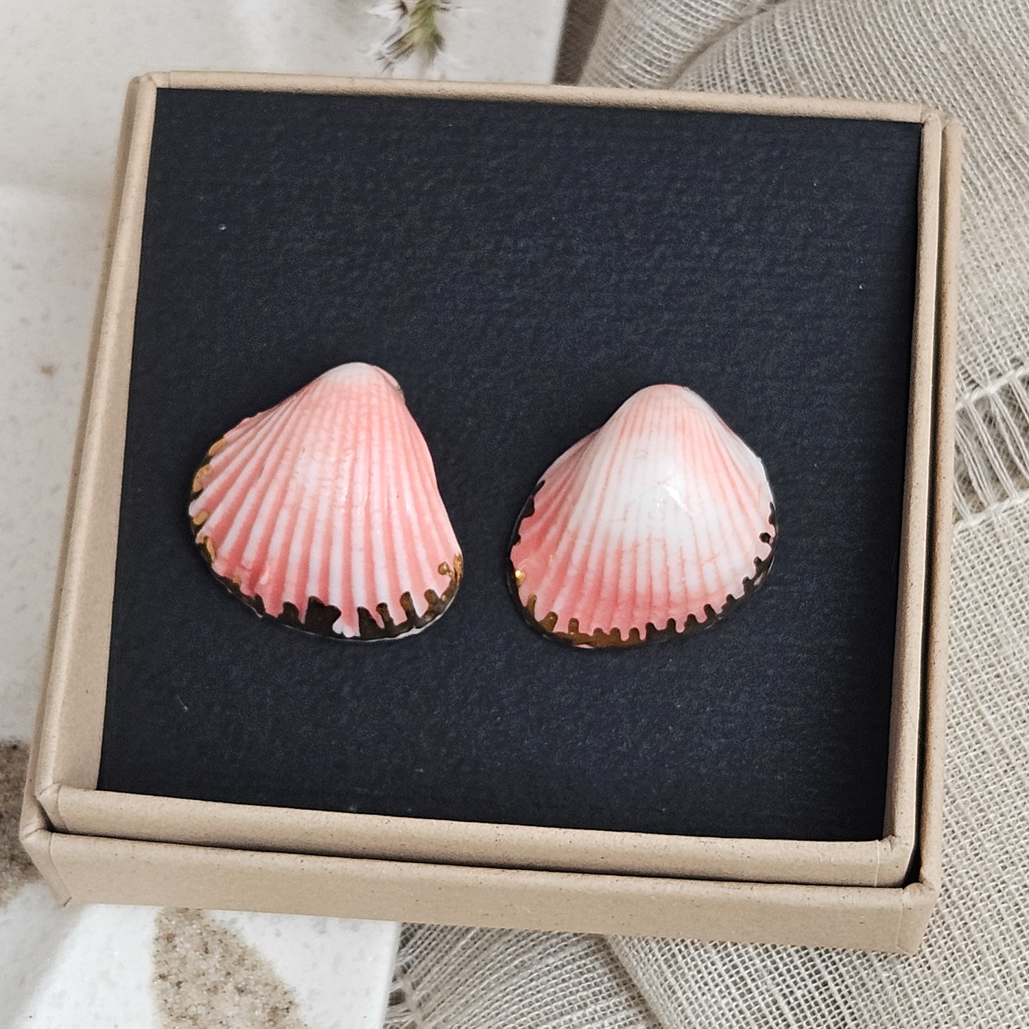 Rose pink fine ceramic porcelain hypoallergenic stud designer earrings for sensitive ears - authentic Mediterranean shell imprints with 22k gold plating - obrazek 4