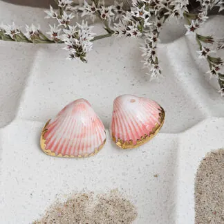 Rose pink fine ceramic porcelain hypoallergenic stud designer earrings for sensitive ears - authentic Mediterranean shell imprints with 22k gold plating