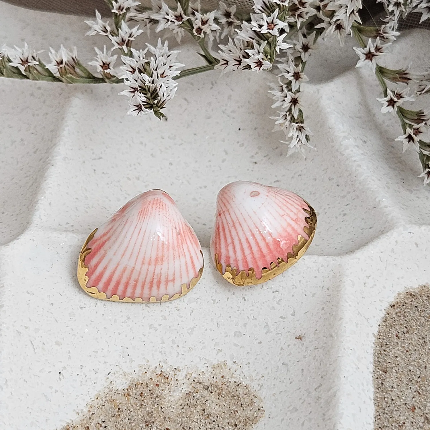 Rose pink fine ceramic porcelain hypoallergenic stud designer earrings for sensitive ears - authentic Mediterranean shell imprints with 22k gold plating