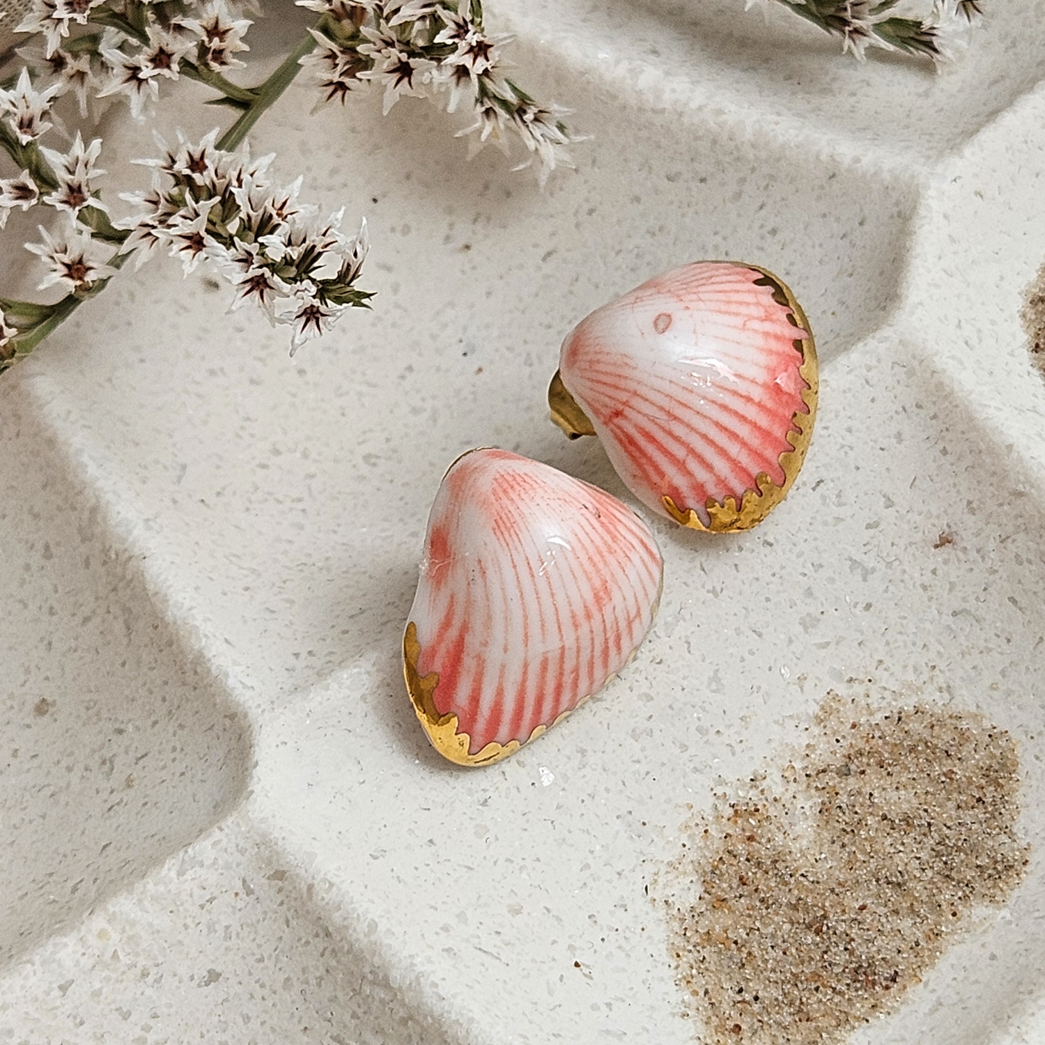 Rose pink fine ceramic porcelain hypoallergenic stud designer earrings for sensitive ears - authentic Mediterranean shell imprints with 22k gold plating - obrazek 2