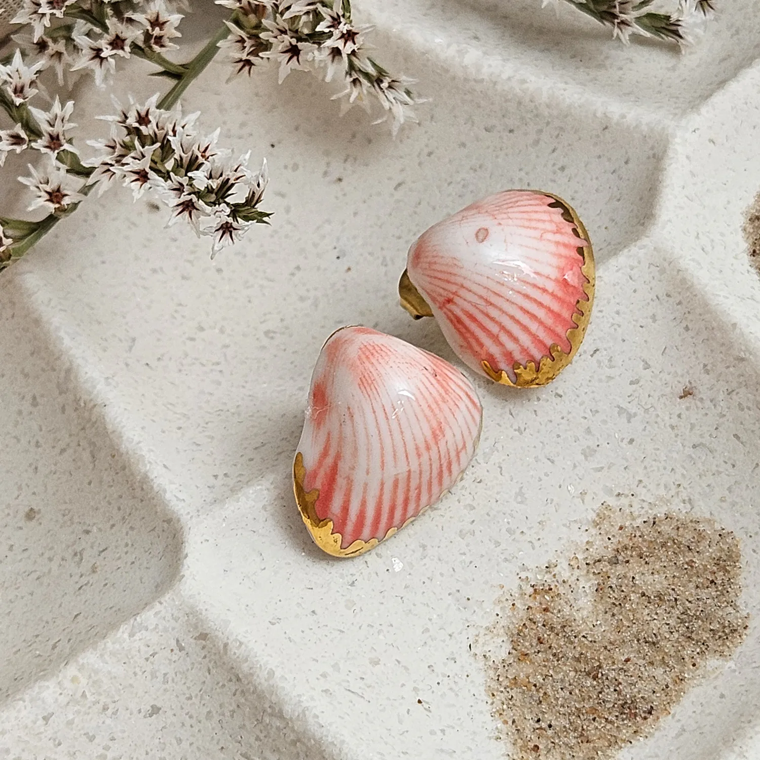 Rose pink fine ceramic porcelain hypoallergenic stud designer earrings for sensitive ears - authentic Mediterranean shell imprints with 22k gold plating - Image 2