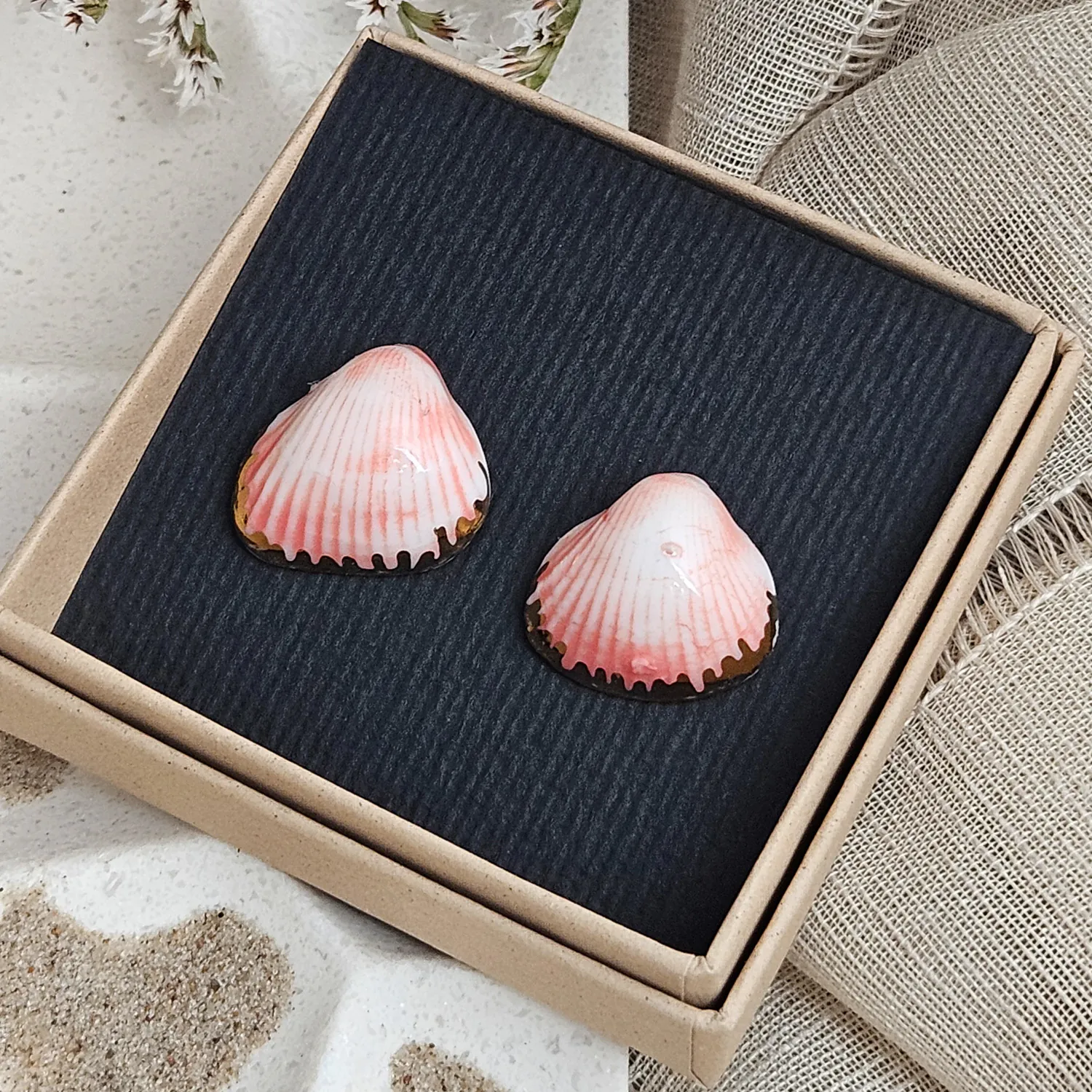 Rose pink fine ceramic porcelain hypoallergenic stud designer earrings for sensitive ears - authentic Mediterranean shell imprints with 22k gold plating - Image 4