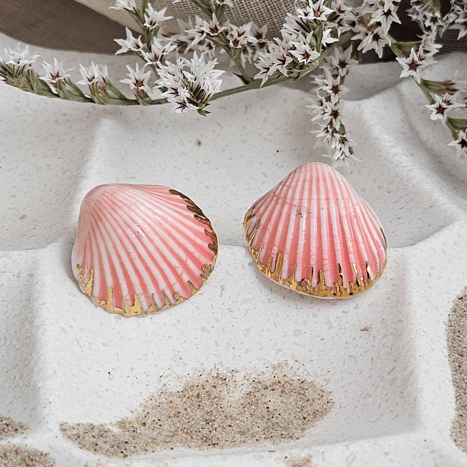 Pink porcelain stud earrings - embossed sea shells with gold