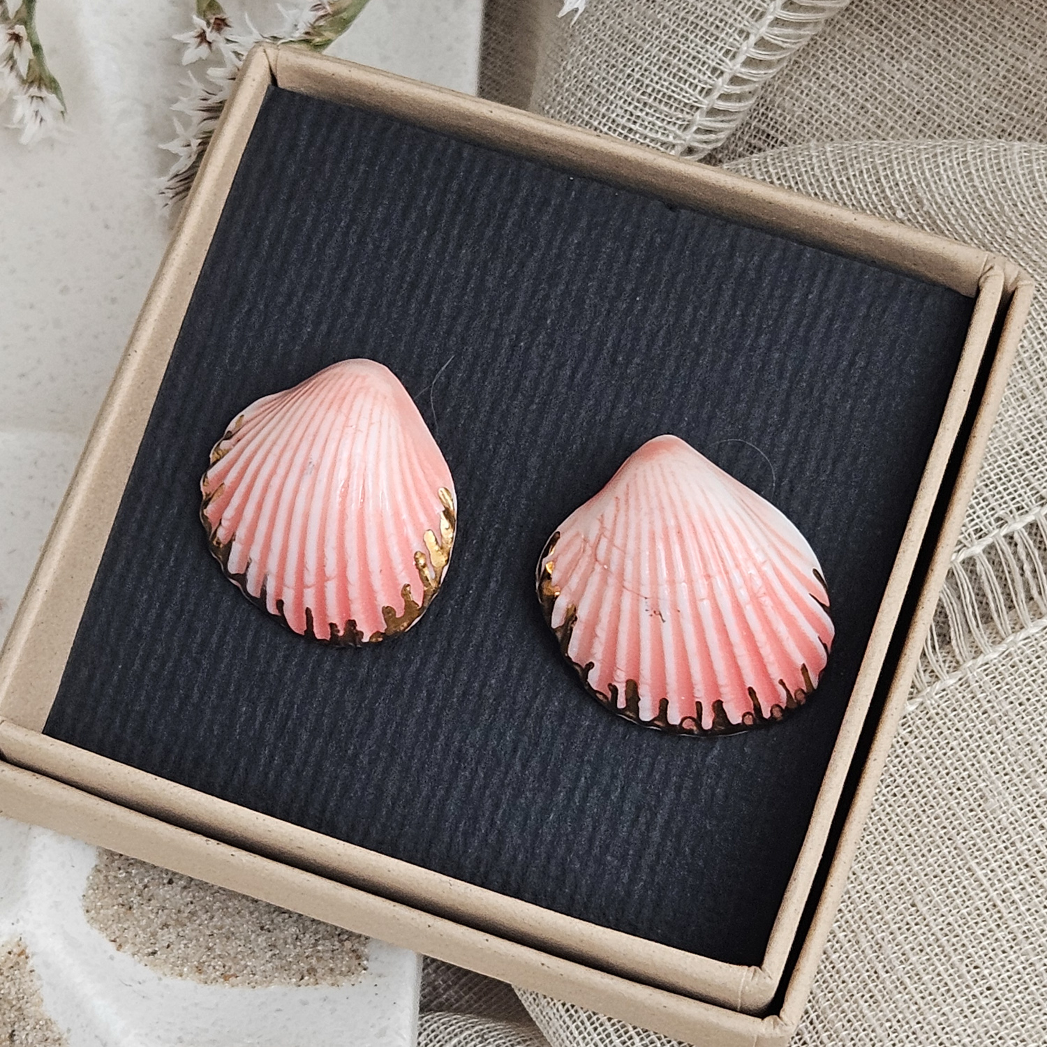 Pink porcelain stud earrings - embossed sea shells with gold - Image 4