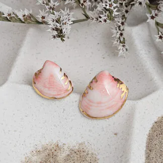 Rose pink fine ceramic porcelain hypoallergenic stud designer earrings for sensitive ears - authentic Mediterranean shell imprints with 22k gold plating
