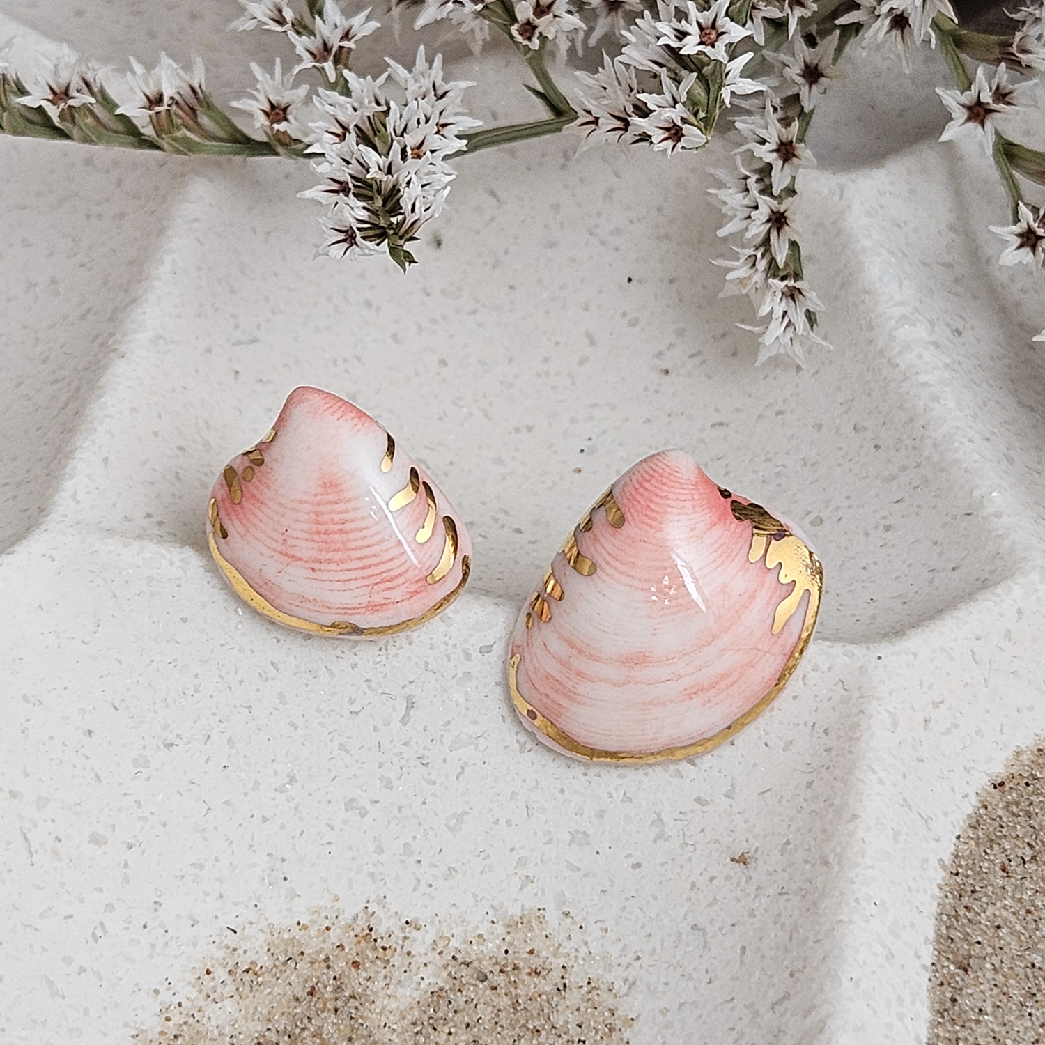 Rose pink fine ceramic porcelain hypoallergenic stud designer earrings for sensitive ears - authentic Mediterranean shell imprints with 22k gold plating