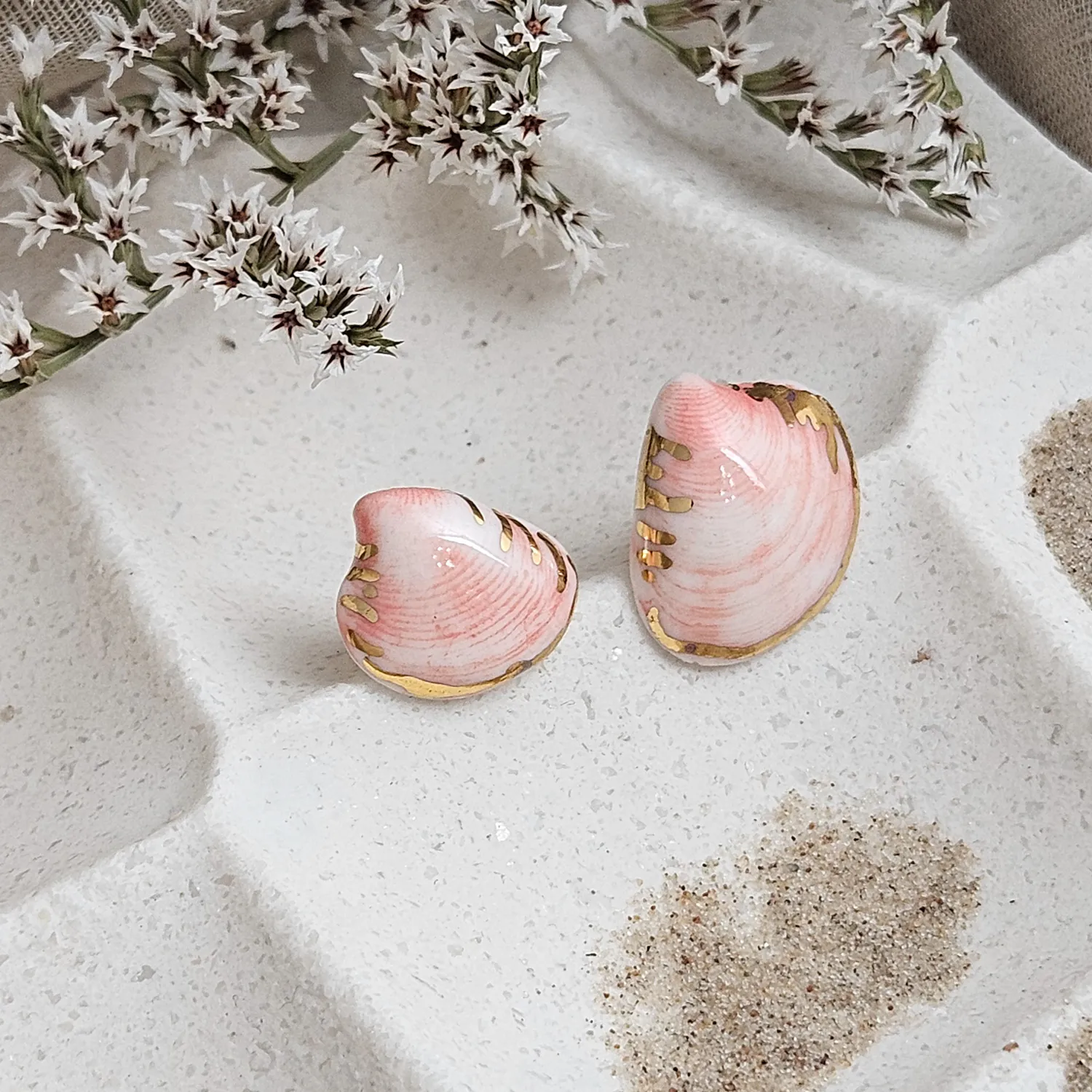 Rose pink fine ceramic porcelain hypoallergenic stud designer earrings for sensitive ears - authentic Mediterranean shell imprints with 22k gold plating - Image 2