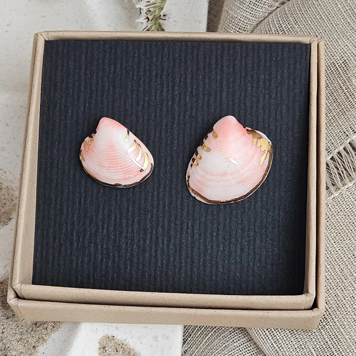 Rose pink fine ceramic porcelain hypoallergenic stud designer earrings for sensitive ears - authentic Mediterranean shell imprints with 22k gold plating - Image 4
