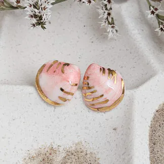Rose pink fine ceramic porcelain hypoallergenic stud designer earrings for sensitive ears - authentic Mediterranean shell imprints with 22k gold plating