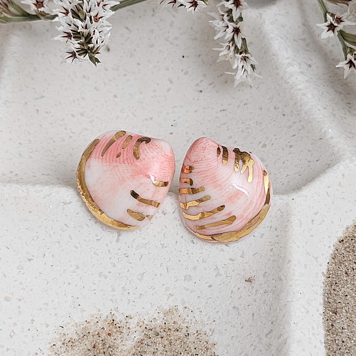 Rose pink fine ceramic porcelain hypoallergenic stud designer earrings for sensitive ears - authentic Mediterranean shell imprints with 22k gold plating