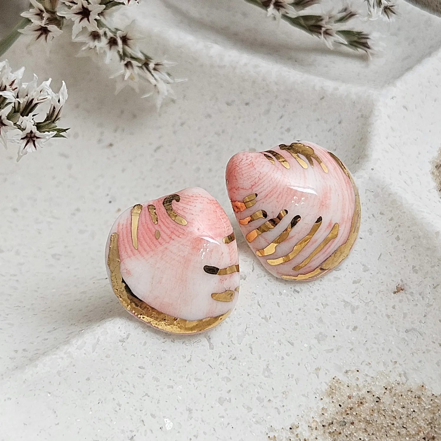 Rose pink fine ceramic porcelain hypoallergenic stud designer earrings for sensitive ears - authentic Mediterranean shell imprints with 22k gold plating - Image 2