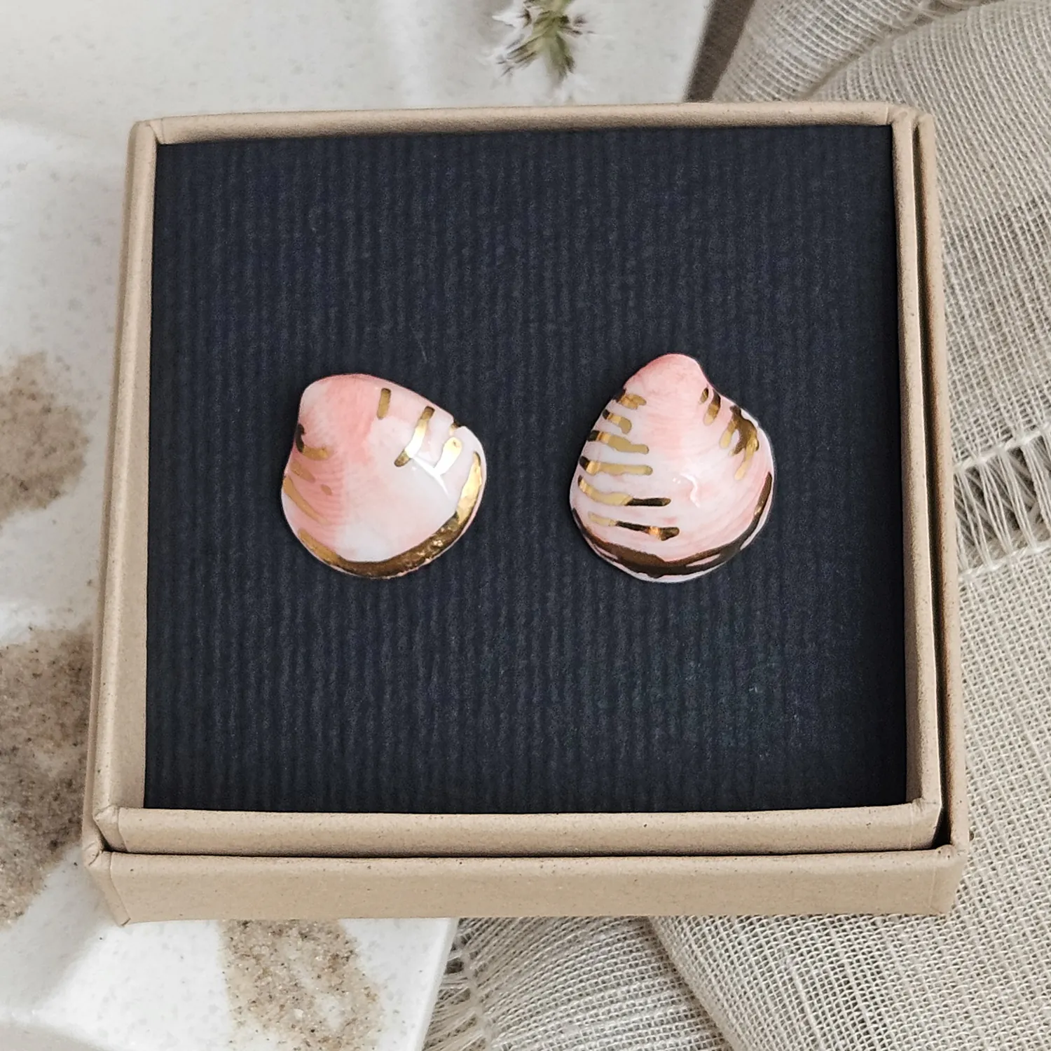 Rose pink fine ceramic porcelain hypoallergenic stud designer earrings for sensitive ears - authentic Mediterranean shell imprints with 22k gold plating - Image 4