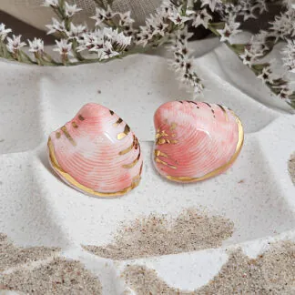 Rose pink fine ceramic porcelain hypoallergenic stud designer earrings for sensitive ears - authentic Mediterranean shell imprints with 22k gold plating