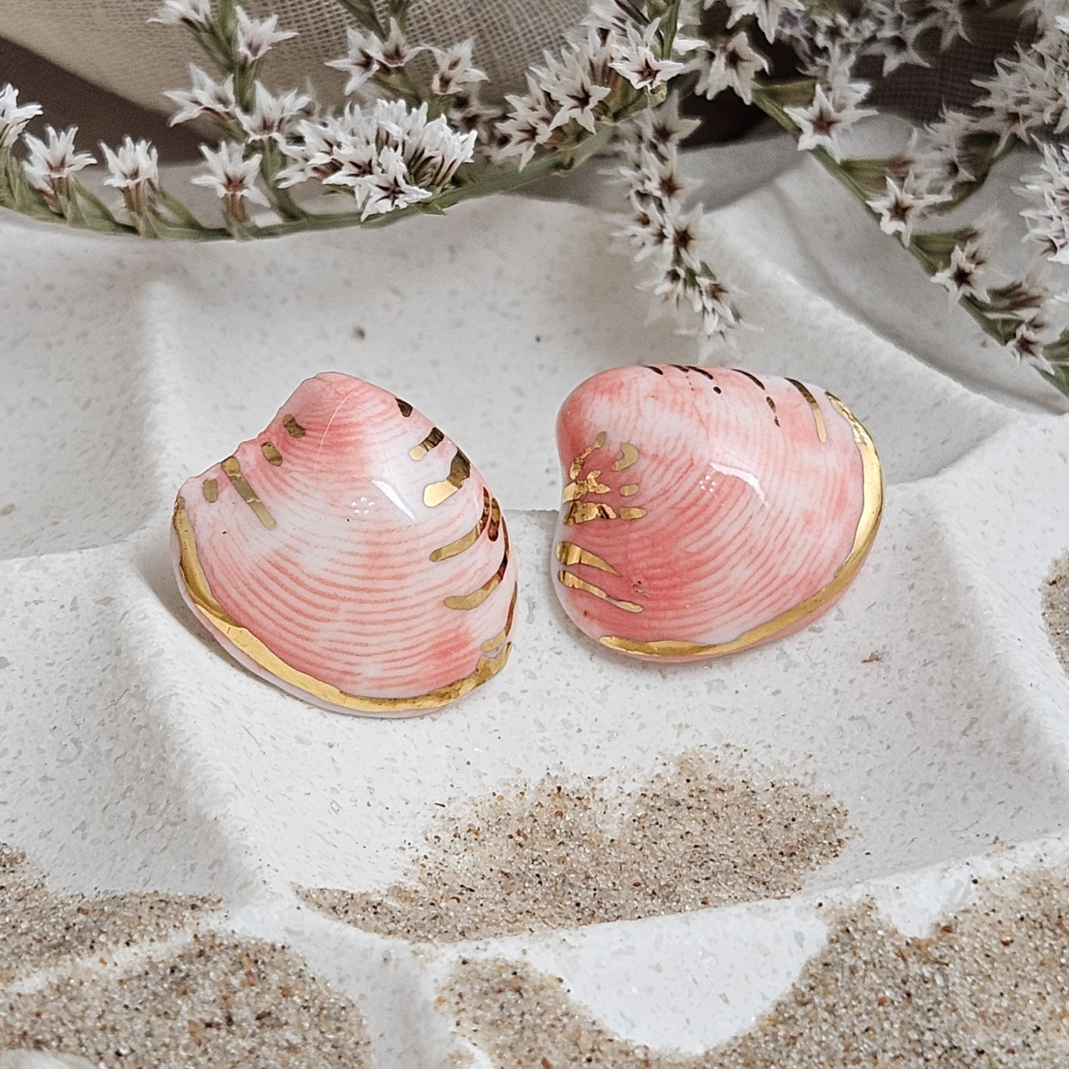 Rose pink fine ceramic porcelain hypoallergenic stud designer earrings for sensitive ears - authentic Mediterranean shell imprints with 22k gold plating