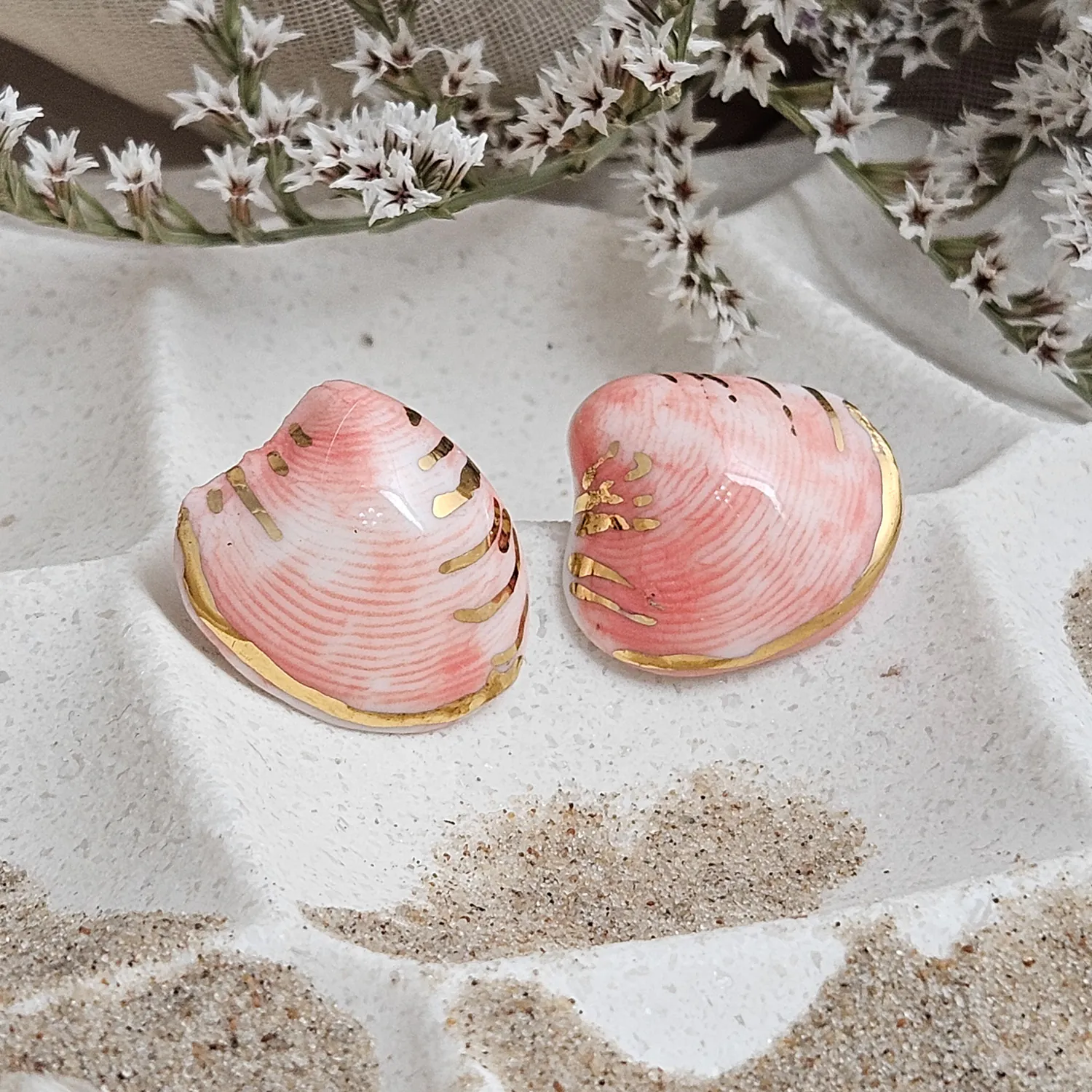 Rose pink fine ceramic porcelain hypoallergenic stud designer earrings for sensitive ears - authentic Mediterranean shell imprints with 22k gold plating