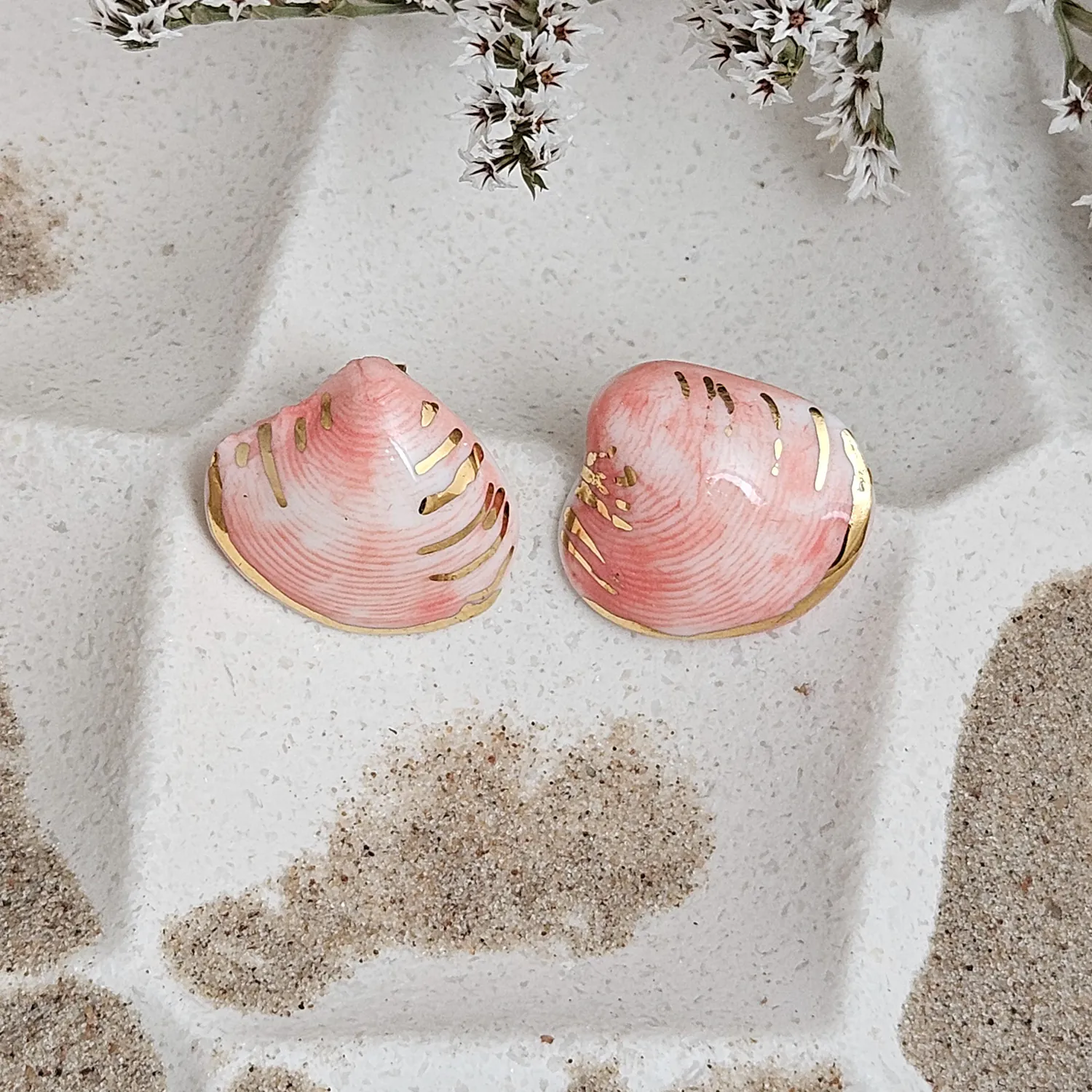 Rose pink fine ceramic porcelain hypoallergenic stud designer earrings for sensitive ears - authentic Mediterranean shell imprints with 22k gold plating - Image 2