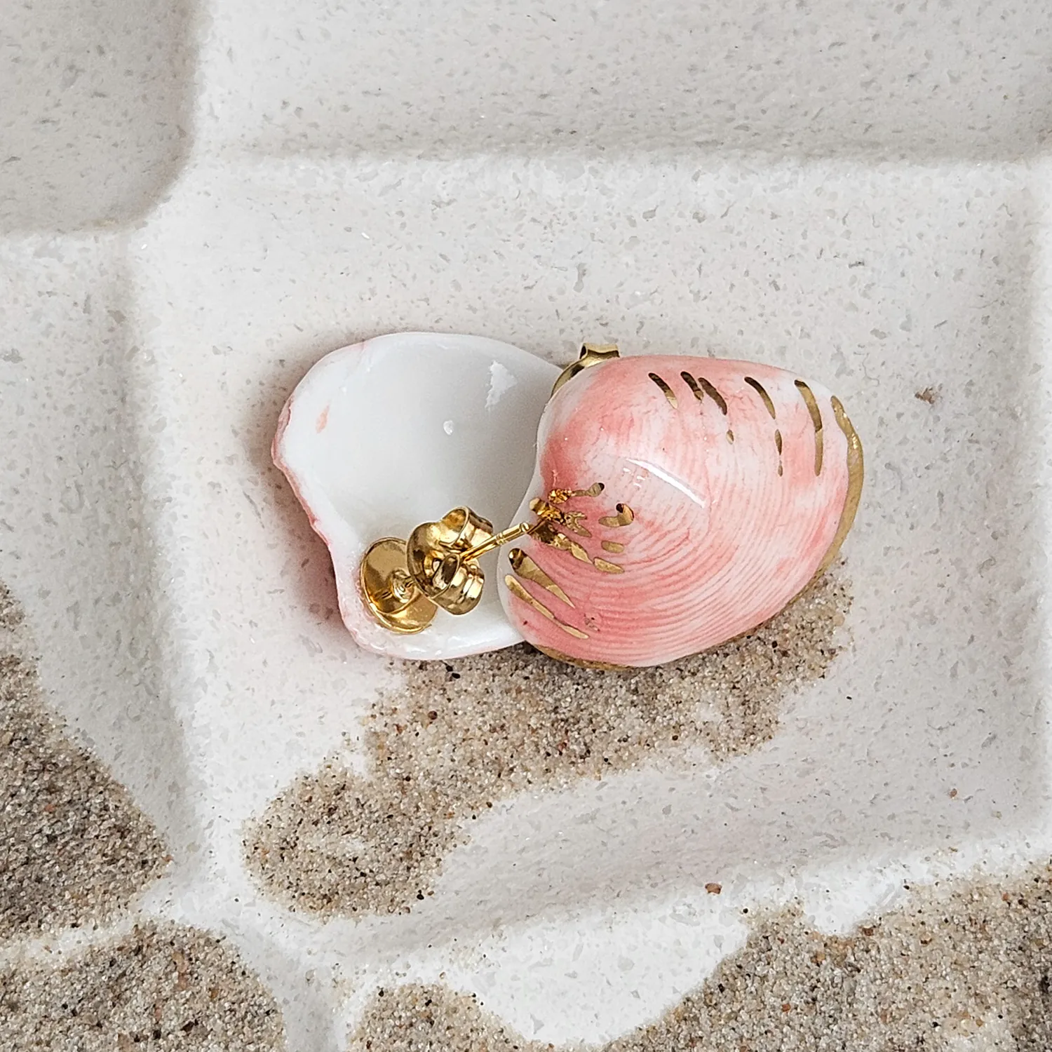 Rose pink fine ceramic porcelain hypoallergenic stud designer earrings for sensitive ears - authentic Mediterranean shell imprints with 22k gold plating - Image 3