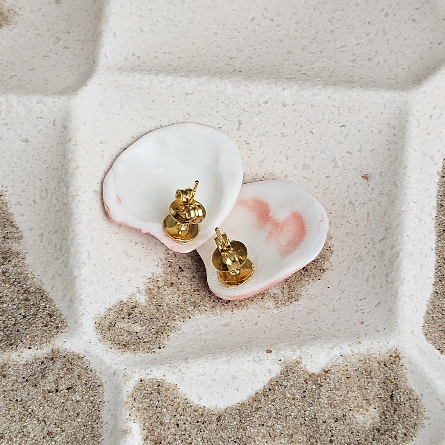 Rose pink fine ceramic porcelain hypoallergenic stud designer earrings for sensitive ears - authentic Mediterranean shell imprints with 22k gold plating - Image 4
