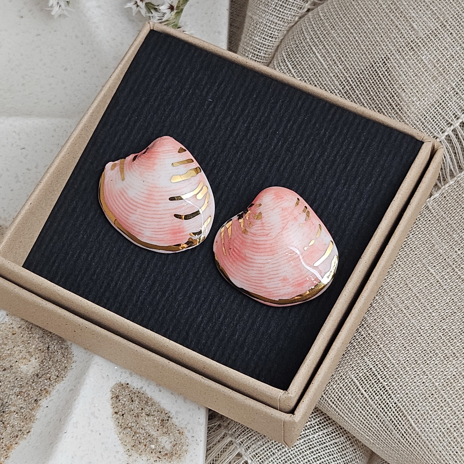 Rose pink fine ceramic porcelain hypoallergenic stud designer earrings for sensitive ears - authentic Mediterranean shell imprints with 22k gold plating - obrazek 5