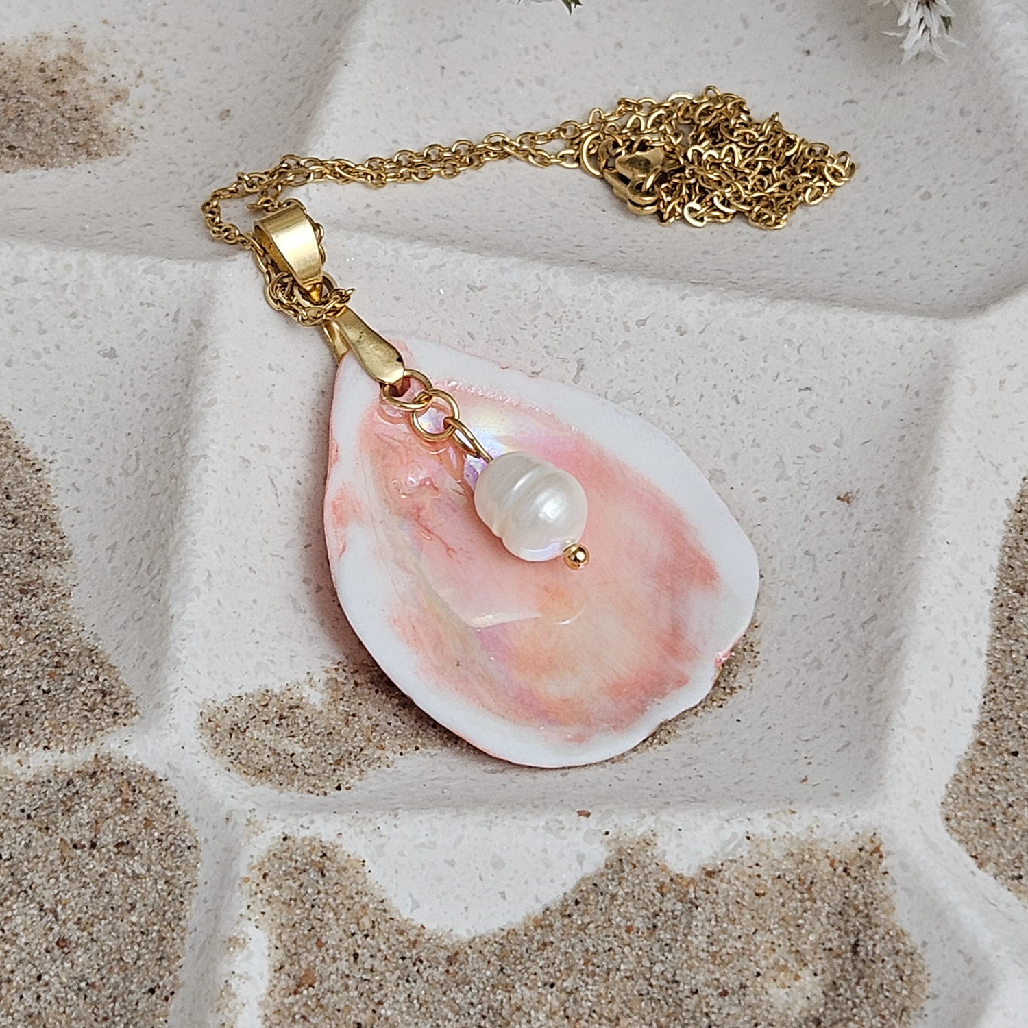Rose pink fine ceramic porcelain designer necklace - authentic Mediterranean shell imprint with 22k gold plating and pearl