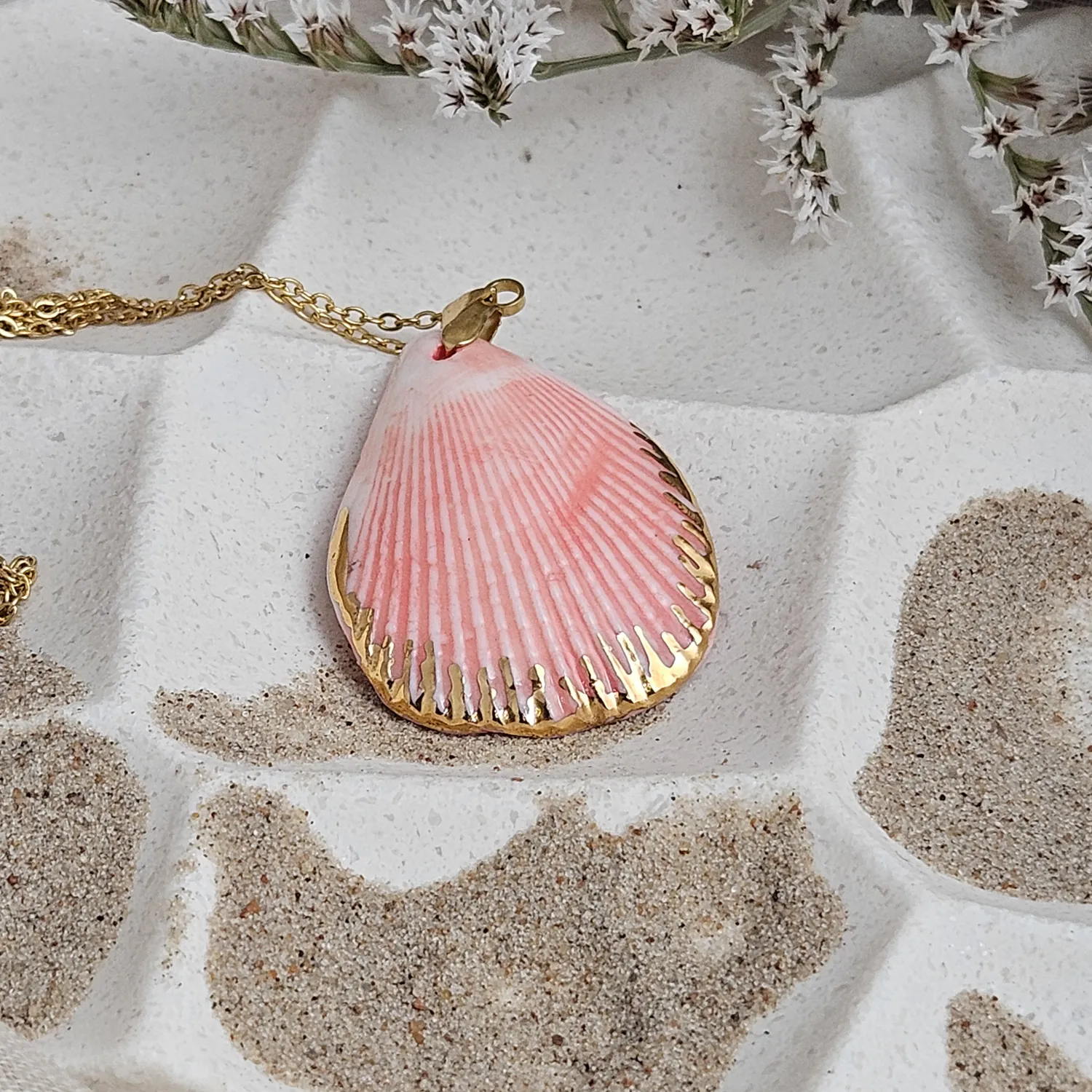 Rose pink fine ceramic porcelain designer necklace - authentic Mediterranean shell imprint with 22k gold plating and pearl - Image 2