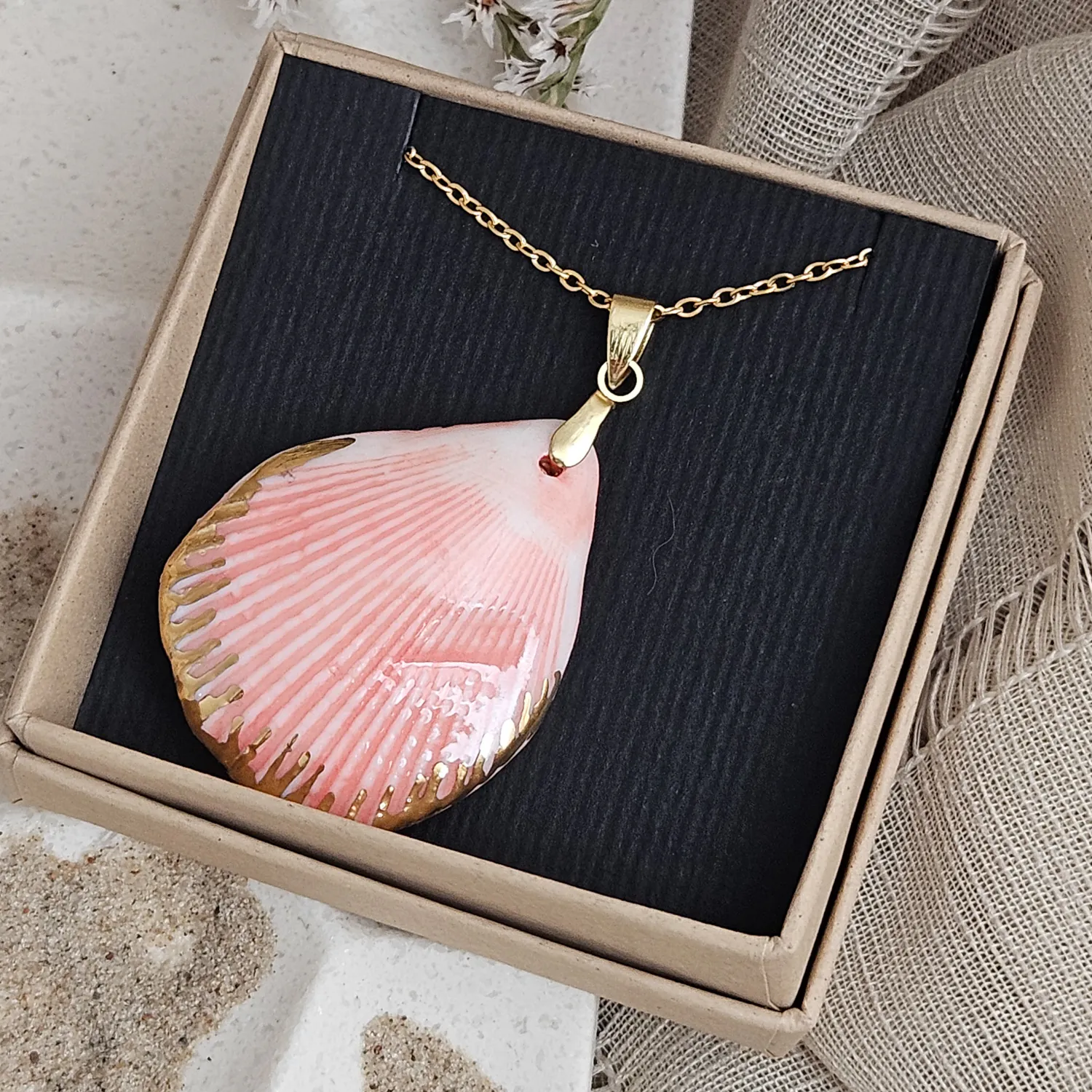 Rose pink fine ceramic porcelain designer necklace - authentic Mediterranean shell imprint with 22k gold plating and pearl - Image 4