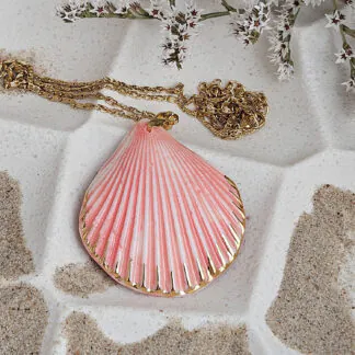 Rose pink fine ceramic porcelain designer necklace - authentic Mediterranean shell imprint with 22k gold plating and pearl