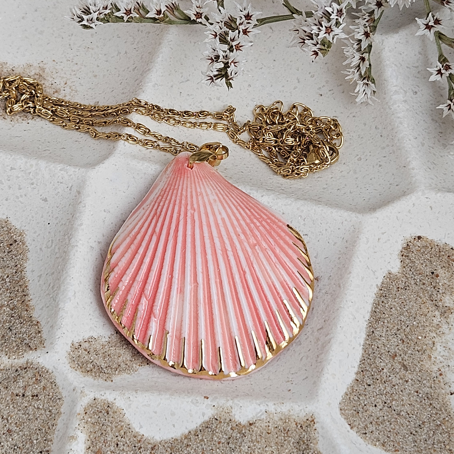 Rose pink fine ceramic porcelain designer necklace - authentic Mediterranean shell imprint with 22k gold plating and pearl