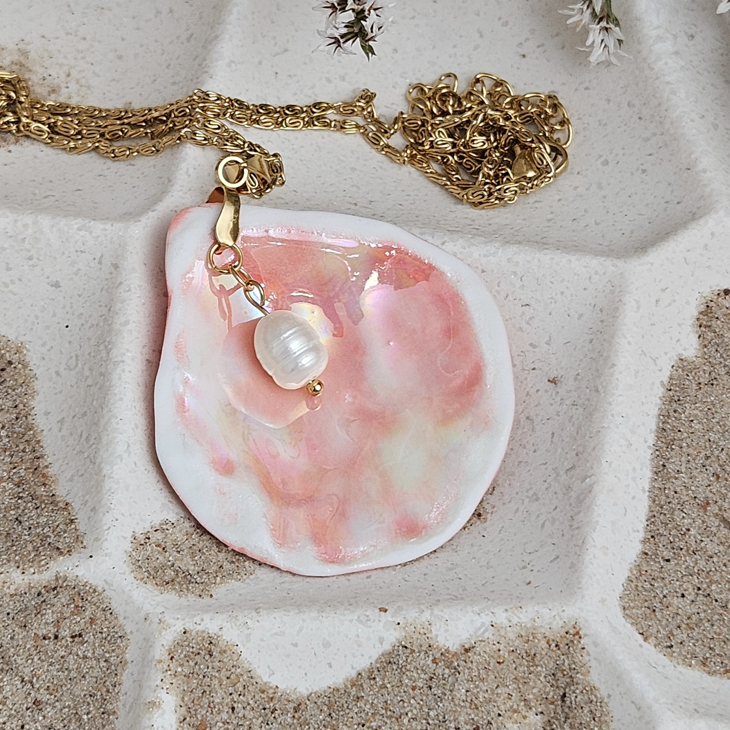 Rose pink fine ceramic porcelain designer necklace - authentic Mediterranean shell imprint with 22k gold plating and pearl - Image 2