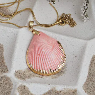 Rose pink fine ceramic porcelain designer necklace - authentic Mediterranean shell imprint with 22k gold plating and pearl