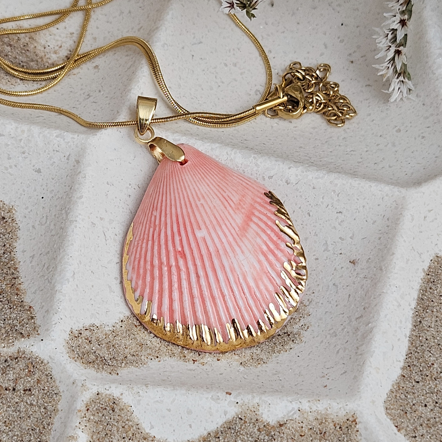 Rose pink fine ceramic porcelain designer necklace - authentic Mediterranean shell imprint with 22k gold plating and pearl