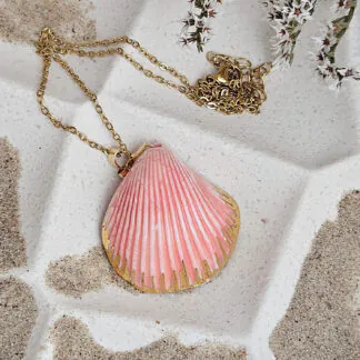 Rose pink fine ceramic porcelain designer necklace - authentic Mediterranean shell imprint with 22k gold plating and pearl