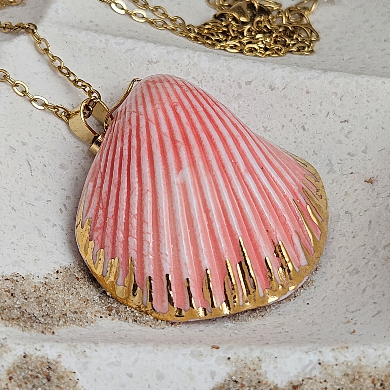 Rose pink fine ceramic porcelain designer necklace - authentic Mediterranean shell imprint with 22k gold plating and pearl - Image 2