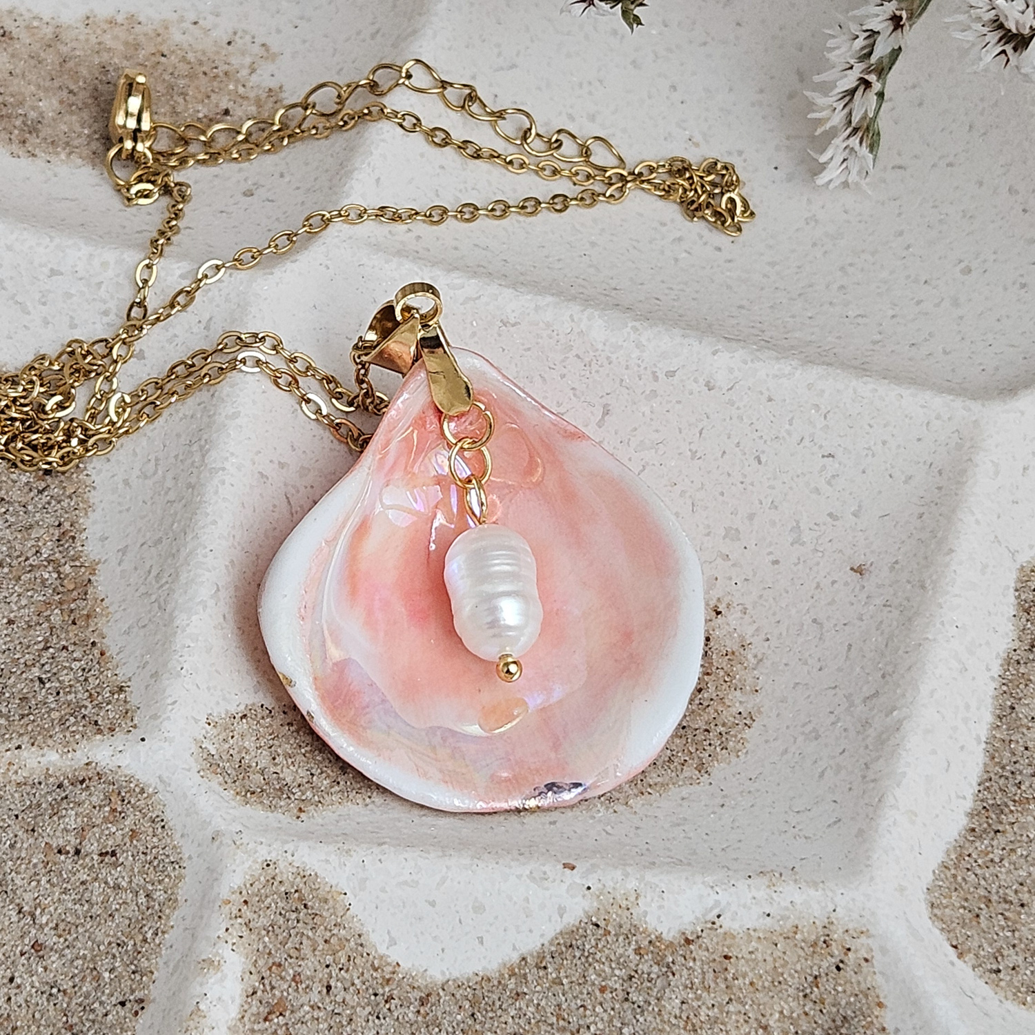 Rose pink fine ceramic porcelain designer necklace - authentic Mediterranean shell imprint with 22k gold plating and pearl - Image 3