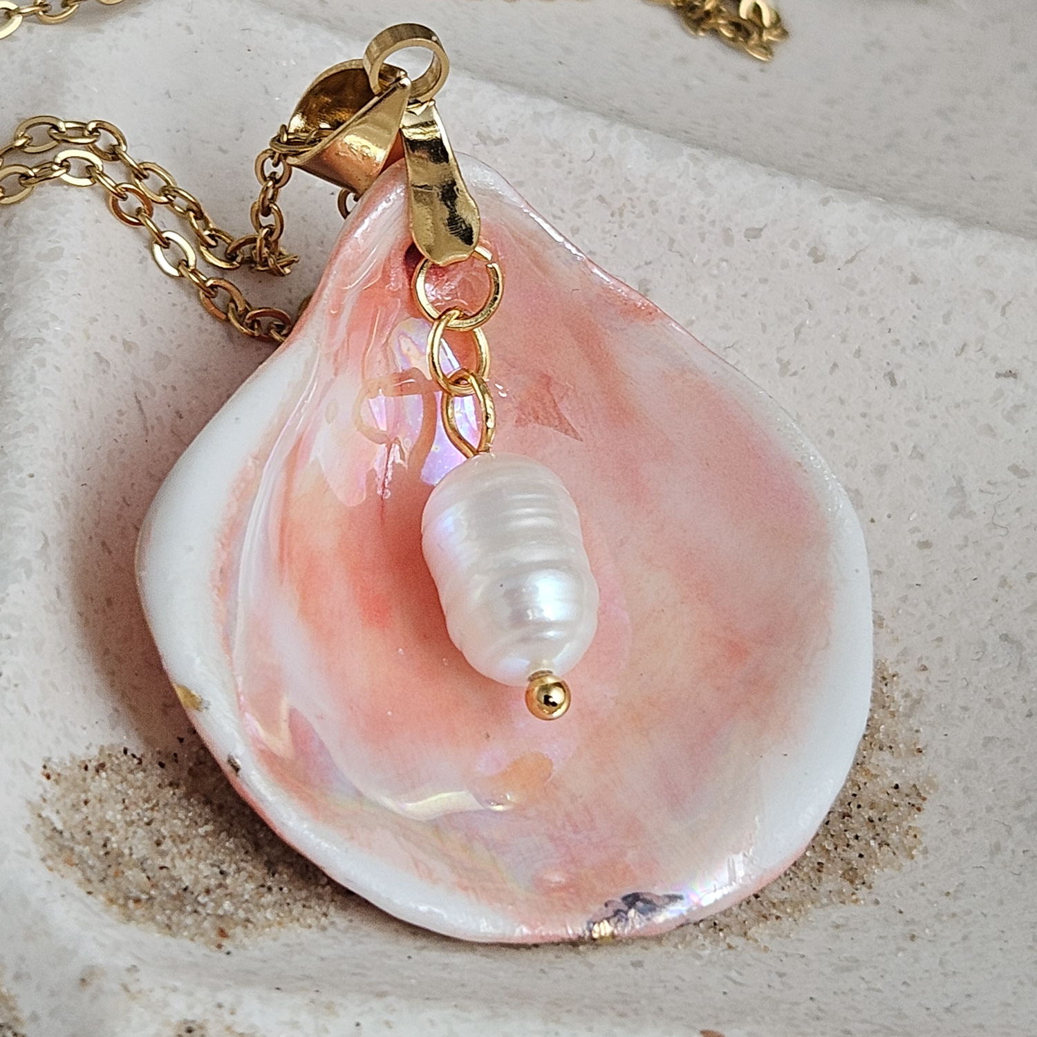 Rose pink fine ceramic porcelain designer necklace - authentic Mediterranean shell imprint with 22k gold plating and pearl - Image 4