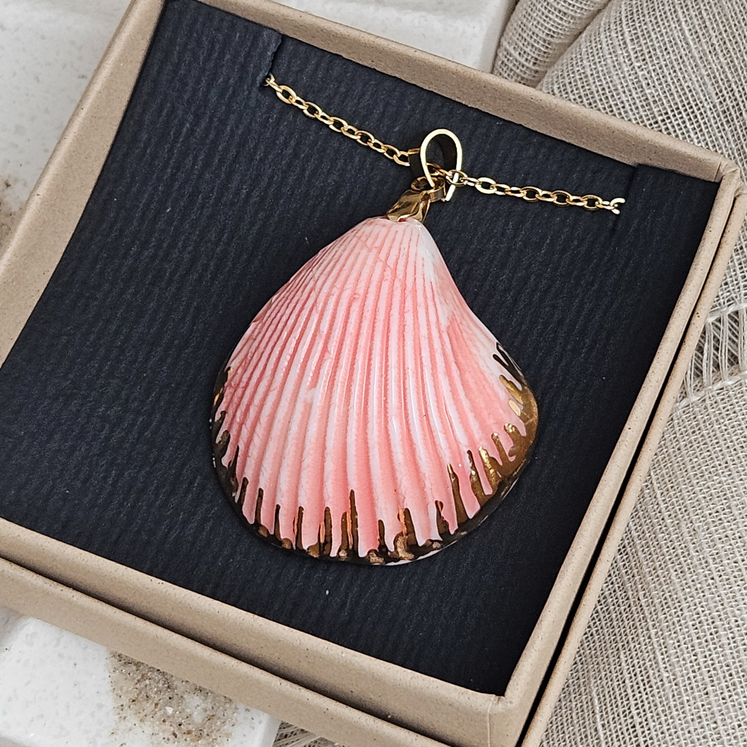 Rose pink fine ceramic porcelain designer necklace - authentic Mediterranean shell imprint with 22k gold plating and pearl - Image 5