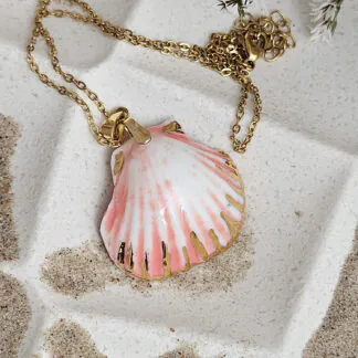 Rose pink fine ceramic porcelain designer necklace - authentic Mediterranean shell imprint with 22k gold plating and pearl