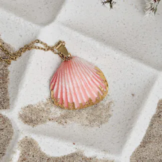 Rose pink fine ceramic porcelain designer necklace - authentic Mediterranean shell imprint with 22k gold plating and pearl